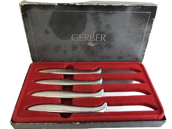SET OF 4 VTG GERBER MIMING CHROME KNIVES IN BOX: SET OF 4 VTG GERBER KNIVES IN BOX VINTAGE CUTLERY TABLE KNIFE LUXURY LEGENDARY KITCHEN UTENSILS 1 OF 2 -8.5" KNIFE EACH -5" X 10" BOX -VERY GOOD CONDITION, BOX HAS WEAR AND MARKS -DP121120