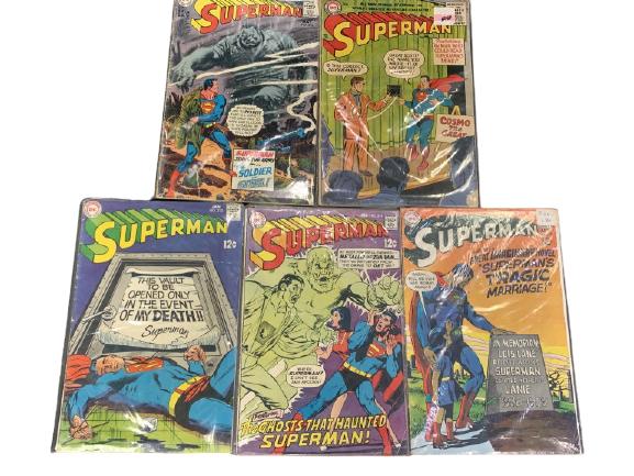 5 VINTAGE DC SUPERMAN COMICS 200'S EDITIONS: 5 VINTAGE DC SUPERMAN COMICS 200'S EDITIONS ALL KEPT IN PLASTIC SLEEVES VARIOUS CONDITIONS CLARK KENT KRYPTONITE POP CULTURE 1950'S 1960'S MID CENTURY -213-216, 103 -GOOD VINTAGE CONDITION, SOME WEAR,