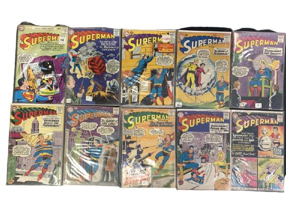 10 VINTAGE SUPERMAN COMIC BOOKS ASSORTED EDITIONS: 10 VINTAGE DC SUPERMAN COMICS 113 116 119 121 128 129 130 131 132 PLUS ONE EDITIONS ALL KEPT IN PLASTIC SLEEVES VARIOUS CONDITIONS CLARK KENT KRYPTONITE POP CULTURE 1950'S 1960'S MID CENTURY -EDITIONS