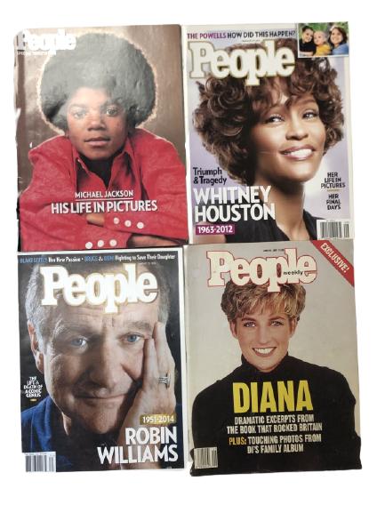 4 HISTORIC LIFE & DEATH PEOPLE MAGAZINES: 4 HISTORIC LIFE AND DEATH COVER STORY MAGAZINES INCLUDING MICHAEL JACKSON, ROBIN WILLIAMS, PRINCESS DIANA, AND WHITNEY HOUSTON POP CULTURE TRAGEDIES HOLLYWOOD DEATHS -VERY GOOD VINTAGE CONDITION, SOME