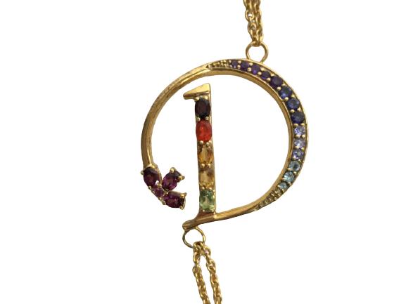 VINTAGE STERLING SILVER "D" BRACELET: VINTAGE STERLING SILVER "D" BRACELET - ADJUSTABLE STERLING SILVER BRACELET WITH A "D" INITIAL - MULTICOLORED GEMSTONES -GOLD CHAIN, ADJUSTABLE SIZE -.925 STERLING SILVER, 9.8 GRAMS