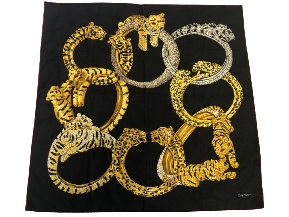 VINTAGE CARTIER TIGERS & RINGS DESIGN SILK SCARF: VINTAGE CARTIER TIGERS & RINGS DESIGN SILK SCARF -34" x 34" -VERY GOOD CONDITION