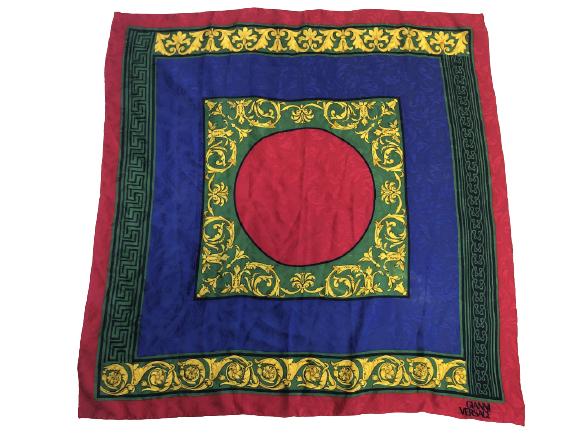 VINTAGE VERSACE MAGENTA/BLUE/GREEN SILK SCARF: VINTAGE VERSACE MAGENTA/BLUE/GREEN SILK SCARF -34" x 34" -VERY GOOD CONDITION