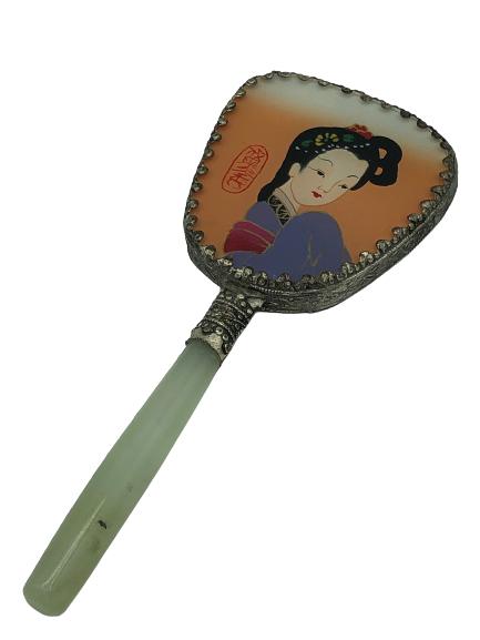 VINTAGE ASIAN STYLE JADE HAND MIRROR 5.5": VINTAGE ASIAN STYLE JADE HAND MIRROR (TRAVEL VANITY MAKEUP MIRROR) -5.5" X 2" APPROX -VERY GOOD CONDITION DP11202020