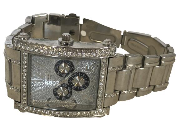 GENEVA PLATINUM STAINLESS STEEL MEN'S WRISTWATCH: GENEVA PLATINUM STAINLESS STEEL MEN'S WRISTWATCH - STAINLESS STEEL WATCH WITH LARGE, RECTANGULAR CASE - WATCH CASE IS APPROX. 2" L X 1-1/2" W - STAINLESS STEEL BACK