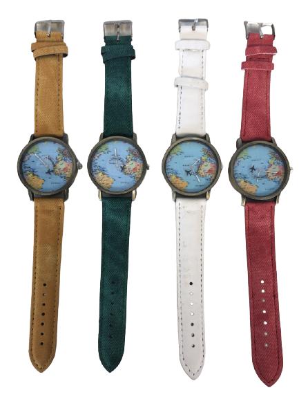 4 HUNTGOLD "MINI WORLD" ELECTRONIC WRISTWATCHES: 4 HUNTGOLD "MINI WORLD" ELECTRONIC WRISTWATCHES - SET OF 4 MULTICOLOR LEATHER WRISTWATCHES (YELLOW, WHITE, RED AND GREEN) - WATCH FACE DISPLAYS A MINIATURE WORLD MAP WITH ROTATING PLANE - QUARTZ