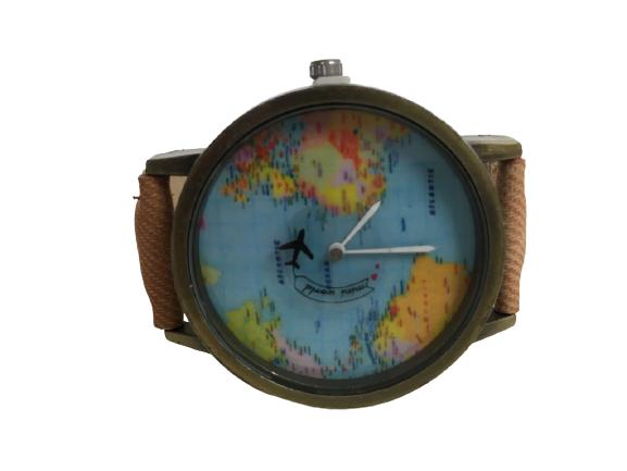 MINI WORLD QUARTZ LEATHER WRISTWATCH: MINI WORLD QUARTZ LEATHER WRISTWATCH - BROWN LEATHER BAND - MINI WORLD MAP FACE - CASE DIAMETER: 1-1/2"
