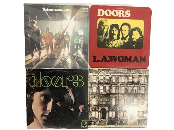 4 VINTAGE 60'S 70'S VINYL RECORD ALBUMS: 4 VINTAGE 1960'S 1970'S VINYL RECORD ALBUMS INCLUDINGTHE BEST OF GUESS THE WHO THE DOORS AND LED ZEPPELIN 60'S 70'S MUSIC WOODSTOCK ERA MUSIC WALL ART HOME DECOR -GOOD VINTAGE CONDITION, SOME WEAR TO