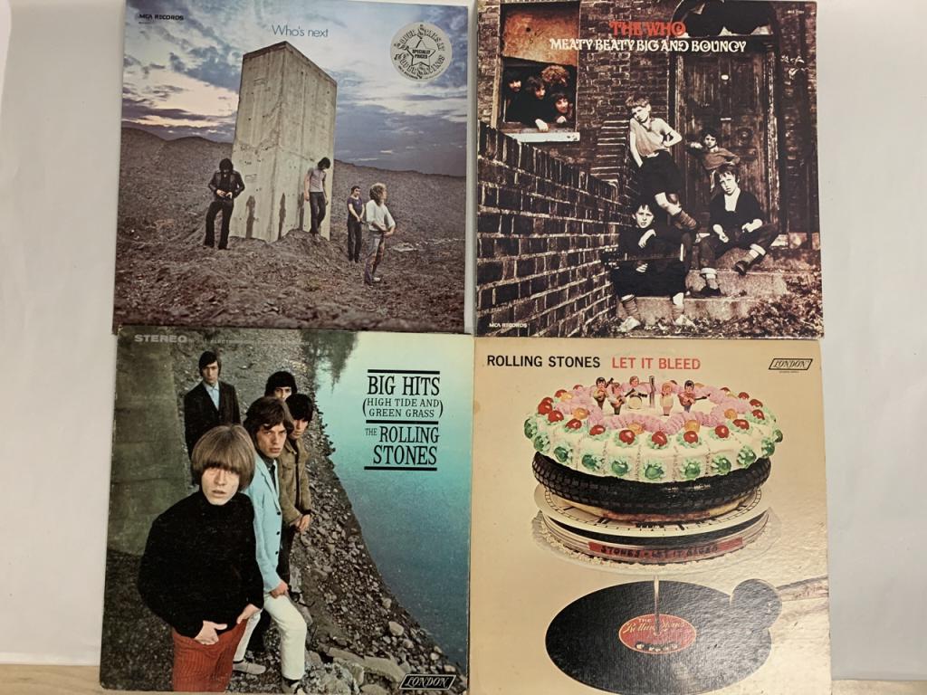 4 VINTAGE 60'S 70'S VINYL RECORD ALBUMS: 4 VINTAGE 1960'S 1970'S VINYL RECORD ALBUMS INCLUDING THE WHO AND THE ROLLING STONES, 60'S 70'S MUSIC WOODSTOCK ERA MUSIC WALL ART HOME DECOR -GOOD VINTAGE CONDITION, SOME WEAR TO COVERS -DP121120