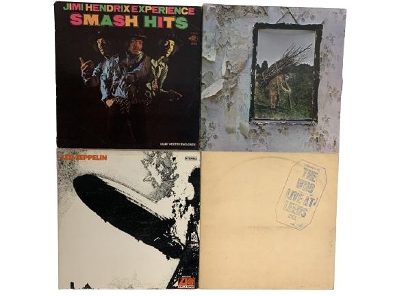 4 VINTAGE 60'S 70'S VINYL RECORD ALBUMS: 4 VINTAGE 1960'S 1970'S VINYL RECORD ALBUMS INCLUDING LED ZEPPELIN, JIMI HENDRIX, THE WHO 60'S 70'S MUSIC WOODSTOCK ERA MUSIC WALL ART HOME DECOR -GOOD VINTAGE CONDITION, SOME WEAR TO COVERS -DP121120