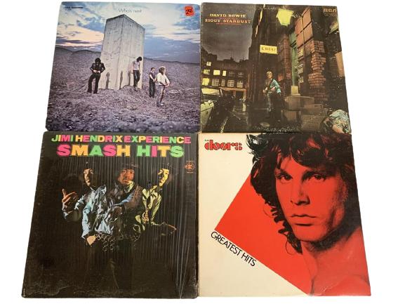 4 VINTAGE 1960'S 1970'S VINYL RECORD ALBUMS: 4 VINTAGE 1960'S 1970'S VINYL RECORD ALBUMS INCLUDING DAVID BOWIE ZIGGY STARDUST, WHO'S NEXT, THE DOORS, JIMI HENDRIX EXPERIENCE 60'S 70'S MUSIC WOODSTOCK ERA MUSIC WALL ART HOME DECOR -GOOD VINTAGE C