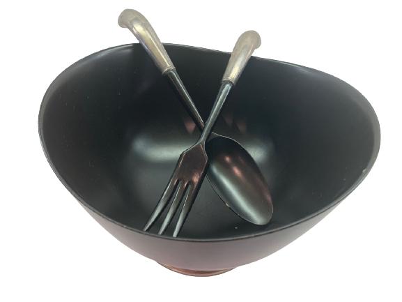 HELEN WARREN MAHAGONY & STERLING BOWL & TONGS: HELEN WARREN MAHAGONY & STERLING BOWL & TONGS -STERLING SILVER ON THE BOTTOM OF THE SERVING BOWL AND ON THE TONGS -GOOD VINTAGE CONDITION