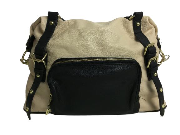 VINTAGE STEVE MADDEN LARGE CREAM LEATHER PURSE: VINTAGE STEVE MADDEN LARGE CREAM LEATHER PURSE -ZIP CLOSURE -2 OUTER ZIP POCKETS, 3 INNER POCKETS -15" x 10" x 7" -LIGHT WEAR & DISCOLORATION APPROPRIATE WITH AGE, SEE IMAGES