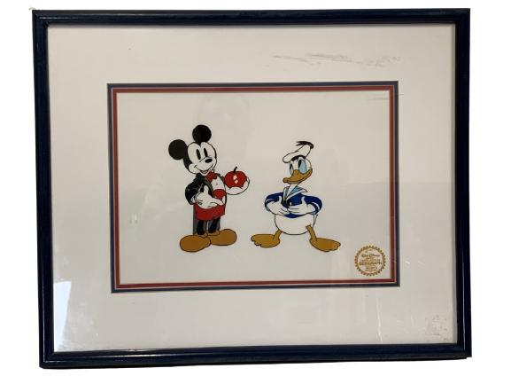 DISNEY MICKEY & DONALD DUCK SERIGRAPH 1937 20.5": DISNEY MICKEY MOUSE & DONALD DUCK SERIGRAPH CEL 1937 USED FOR ANIMATED FILM , THE SCREEN WAS DESTROYED AFTER PRODUCTION, OFFICIAL WALT DISNEY SEAL ON FRONT AND CERTIFICATE ON BACK -16.5" X 20.5" APPRO