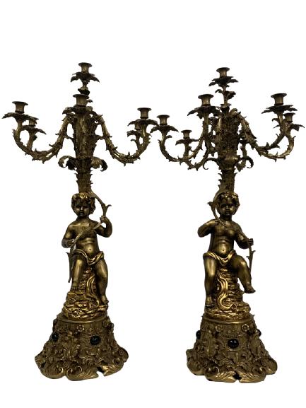 PAIR OF EXQUISITE GILT CHERUB CANDELABRAS 42": PAIR OF EXQUISITE GILT CHERUB CANDELABRAS -42' -GOOD VINTAGE CONDITION