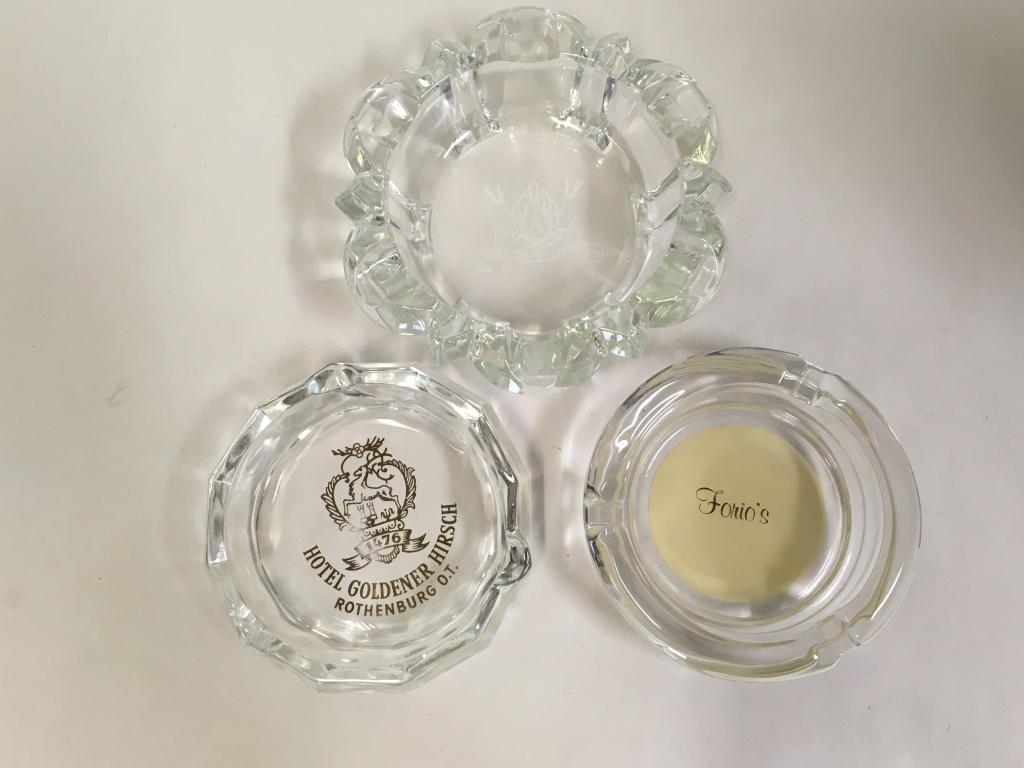 LOT OF 3 VINTAGE EUROPEAN ASHTRAYS: LOT OF 3 VINTAGE EUOPEAN ASHTRAYS -VERY GOOD CONDITION -FORIO'S 4.25" DIAMETER -HOTEL GODENER HIRSCH 4.25" DIAMETER -CHATEAU D"ARTIGNY 5.5" DIAMETER