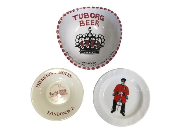 LOT OF 3 VINTAGE SMALL EUROPEAN DISHES: LOT OF 3 VINTAGE SMALL EUROPEAN DISHES -VERY GOOD CONDITION -WEATHERBY HANLEY "MILESTONE HOTEL" DISH 4.25" DIAMETER -MICHAEL ILLINGWORTH PLATE 4.75" DIAMETER -TUBORG BEER BOWL 5" DIAMETER, 2.25" TALL.