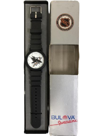 OFFICIAL NHL BULOVA SAN JOSE SHARKS WATCH W BOX: OFFICIAL NHL BULOVA SPORTSTIME SAN JOSE SHARKS WATCH NEW IN BOX NATIONAL HOCKEY LEAGUE SPORTS COLLECTIBLES MEMORABILIA -VERY GOOD CONDITION, OUTER BOX SHOWS WEAR CONSISTENT WITH AGE AND USE -DP122820