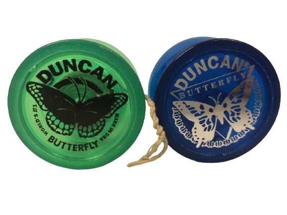 2 VINTAGE GENUINE DUNCAN BUTTERFLY YO YO'S: 2 VINTAGE GENUINE DUNCAN BUTTERFLY YO YO'S CLEAR GREEN AND BLUE VTG COLLECTIBLE TOYS MEMORABILIA MANTIQUES RETRO TOY COLLECTORS -2" X 1.5" -VERY GOOD VINTAGE CONDITION, BLUE IS MISSING STRING, WEAR CO