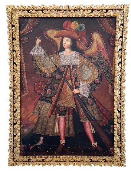 19THC. CUZCO SCHOOL ARCABUCERO OIL PAINTING 44": - ANTIQUE 19TH CENTURY SPANISH CUZCO SCHOOL OIL PAINTING OF THE ARCH ANGEL ELIEL DRESSED IN ARISTOCRATIC CLOTHING WHILE RELOADING HIS GUN- UNSIGNED- ART MEASURES: 44"X 33.5" APPROX - FRAME MEASURES:54