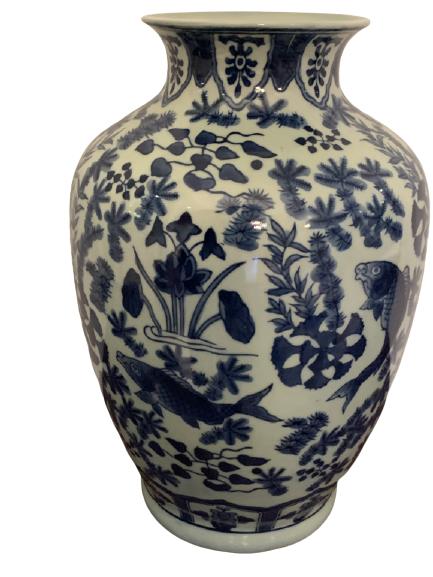 LARGE BLUE AND WHITE ASIAN KOI FISH VASE 11 1/2" (1 of 5)