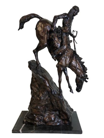AFTER REMINGTON OM ART BRONZE SCULPTURE 28": AFTER FREDERIC REMINGTON OM ART BRONZE SCULPTURE FRONTEIRSMEN ON HORSE -28" X 16" X 11"-VERY GOOD VINTAGE CONDITION, REPAIR TO BASE SEE PHOTOS