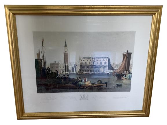 AFTER SAMUEL PROUT DOGES PALACE ON THE GRAND CANAL: - AFTER SAMUEL PROUT (1783-1852) WATERCOLOR PAINTING - TITLED "DOGES PALACE ON THE GRAND CANAL, VENICE"- THIS PRINT IS A HAND-COLORED, RE-STRUCK ENGRAVING AFTER HENRY LE KLUEX'S EARLY 19TH CENTURY PLA