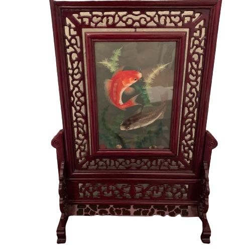 VTG KOI FISH REVERSE PAINTING ON ROSEWOOD STAND (1 of 5)