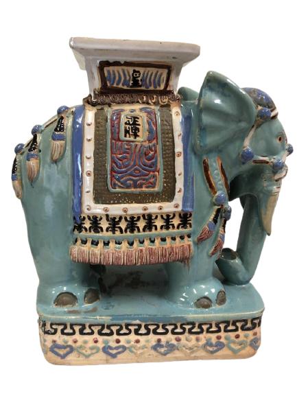 VTG CERAMIC GREEN GARDEN ELEPHANT STOOL: VTG CERAMIC GREEN GARDEN ELEPHANT STOOL OUTDOOR HOME DECOR VINTAGE GARDENS-22.5" X 18" X 3" APPROX-VERY GOOD CONDITION CONSISTENT WITH AGE AND USE