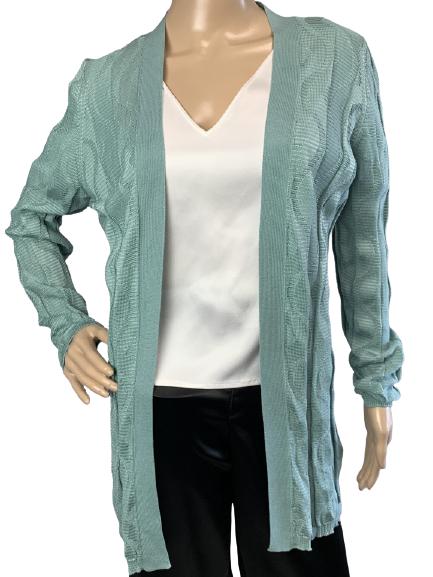 VINTAGE MISSONI COTTON CARDIGAN SEAFOAM SIZE 42: VINTAGE MISSONI COTTON CARDIGAN SEAFOAM SIZE 42 - VINTAGE MISSONI CARDIGAN- COLOR: SEAFOAM GREEN- 54% COTTON- 46% VISCOSE- MADE IN ROMANIA- RIPPLE/WAVE FABRIC DESIGN- GOOD VINTAGE CONDITION- JT122920