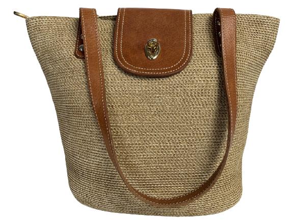 ERIC JAVITZ BEIGE/TAN "SQUISHEE" SATCHEL HANDBAG: ERIC JAVITZ BEIGE/TAN "SQUISHEE" SATCHEL HANDBAG - BEAUTIFUL WOVEN PURSE WITH LEATHER STRAPS- STRIP FLAP WITH TURNLOCK AND ZIPPER CLOSURE- GOLD HARDWARE- SOME STAINING ON INTERIOR (SEE PHOTO)- 2 INTER