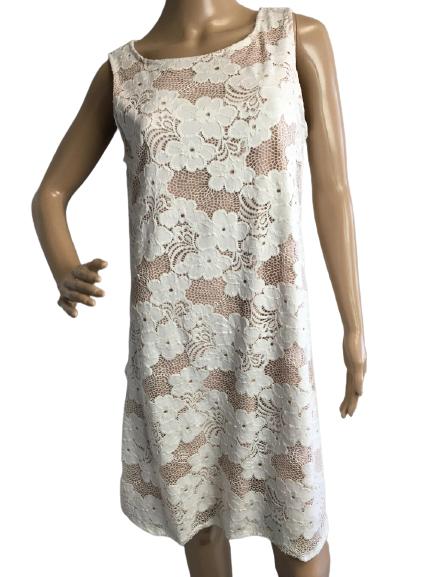 TIANA B. PALE PINK/WHITE FLORAL LACE DRESS SIZE 12: TIANA B. PALE PINK/WHITE FLORAL LACE DRESS SIZE 12- TIANA B. SLEEVELESS MEDIUM-LENGTH DRESS- PALE PINK LINING WITH WHITE FLORAL LACE OVERLAY- SIZE 12- BODY: 92% NYLON, 8% SPANDEX- 100% POLYESTER LININ