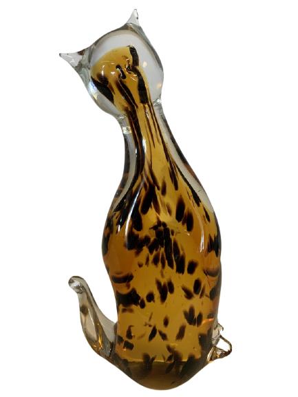 FIFTH AVENUE CRYSTAL ART GLASS AMBER CAT FIGURINE: FIFTH AVENUE CRYSTAL ART GLASS AMBER/BROWN CAT FIGURINE - ADORABLE HAND-BLOWN ART GLASS SITTING CAT FIGURINE- 9" X 4-1/2" X 2-1/2"- JT123020