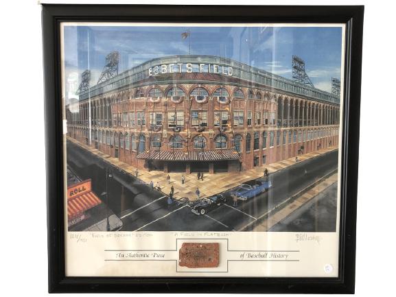 A PIECE OF EBBETTS FIELD STADIUM BY BILL LEVERS: A PIECE OF EBBETS FIELD STADIUM BY BILL LEVERS " A FIELD OF DREAMS" BASEBALL MEMORABILIA-1231/1957-SIGNED IN PENCIL-Piece of brick removed from the rotunda when Ebbetts field was demolished in 1960, F