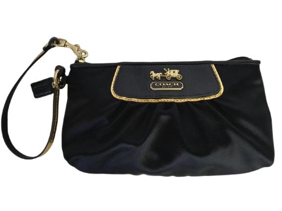 COACH BLACK/GOLD SILK & LEATHER WRISTLET PURSE (1 of 7)