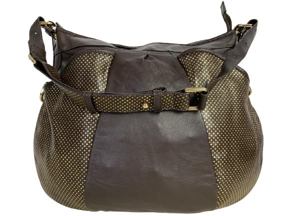 VTG SONDRA ROBERTS BROWN FAUX LEATHER TOTE PURSE: VTG SONDRA ROBERTS BROWN FAUX LEATHER TOTE PURSE - LARGE BAG WITH SIDE RINGS FOR ADDITIONAL STRAPS, KEYCHAIN, ETC.- BROWN AND GOLD FAUX LEATHER- 4 EXTERIOR POCKETS - 3 INTERIOR POCKETS, 1 ZIPPERED- CO