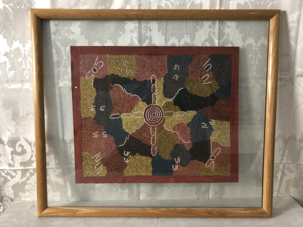 VTG PHYLLIS GOREY AUS ABORIGINAL FRAMED ARTWORK: VTG PHYLLIS GOREY AUS ABORIGINAL FRAMED ARTWORK -AUSTRALIAN ABORIGINAL NAPPERBY TRIBE ART-FRAMED SIZE 27.5" x 32"-art 18" x 22" approx-VERY GOOD CONDITION-CC122920