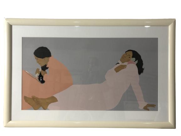VTG PIMNER SIGNED FRAMED PRINT TWO WOMEN LOUNGING (1 of 5)