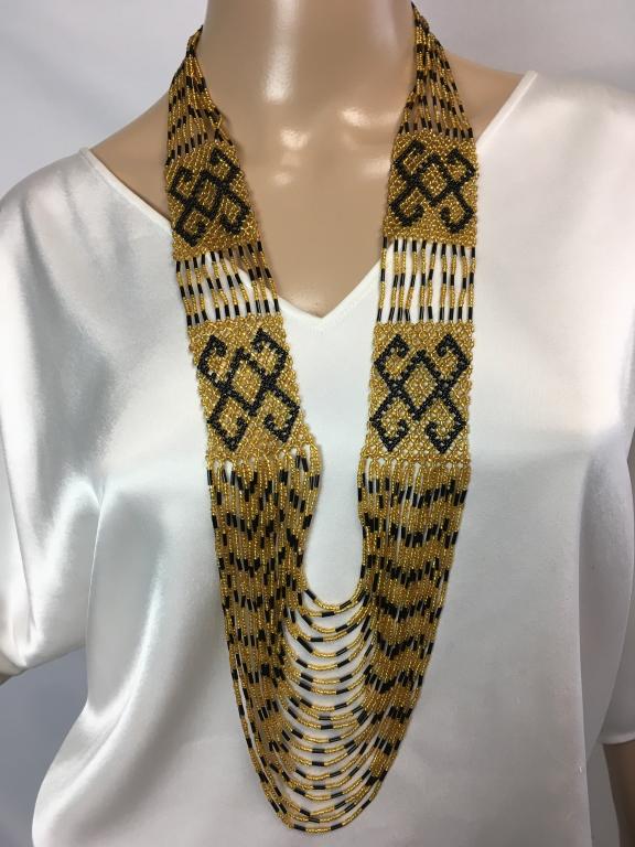 VTG GOLD & BLACK BEADED LONG LARIAT STYLE NECKLACE (1 of 5)