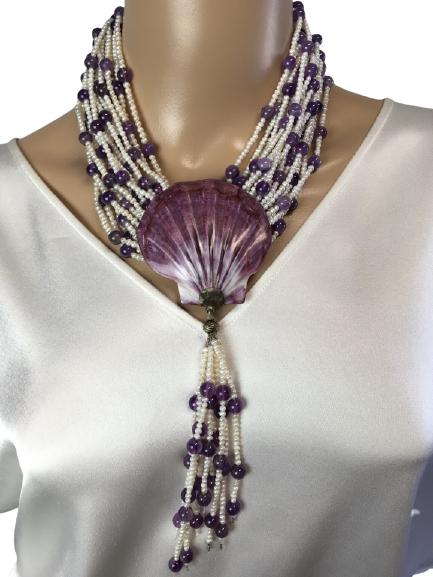 VTG WHITE & PURPLE BEADED SEASHELL NECKLACE 19.5" (1 of 6)