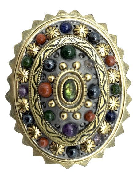 11VINTAGE MICHAL GOLAN GOLD-TONE PENDANT/BROOCH: VINTAGE MICHAL GOLAN GOLD-TONE PENDANT/BROOCH- OVAL-SHAPED PENDANT/PIN- MULTICOLORED BEAD ACCENTS - 2" X 1.5"- WEIGHT: 22.3 GRAMS