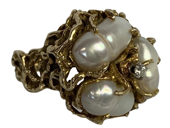 VTG 14K YELLOW GOLD DIAMOND & PEARL RING SZ 6 (1 of 8)