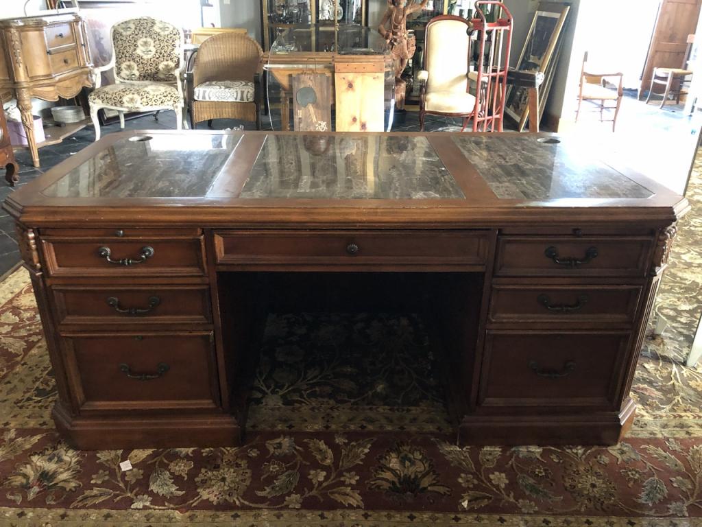 BEAUTIFUL WOOD EXECUTIVE PARTNERS DESK 71": BEAUTIFUL WOOD EXECUTIVE PARTNERS DESK HOME OFFICE DECOR -30" X 71" X 35" APPROX-VERY GOOD VINTAGE CONDITION CONSISTENT WITH AGE AND USE-DP11242020