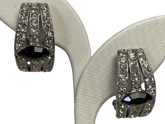 VTG KENNETH LANE CLIP-ON EARRINGS W/ FAUX DIAMONDS: VTG KENNETH LANE CLIP-ON EARRINGS W/ FAUX DIAMONDS- VINTAGE CLIP-ON EARRINGS WITH CLEAR AND BLACK FAUX DIAMONDS- 1" LENGTH- GOOD VINTAGE CONDITION- JT011121
