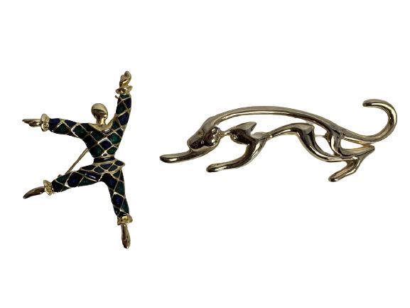 LOT OF 2 VINTAGE PINS: LOT OF 2 VINTAGE PINS -JAGUAR PIN GOLD COLORED 3 1/2"-DANCER ENAMEL PIN 2 1/2"-VERY GOOD COMDITION
