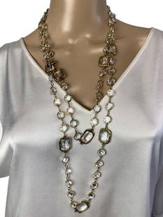 VTG CHANEL 1981 GOOSSENS SAUTOIR CRYSTAL NECKLACE: VTG CHANEL 1981 GOOSSENS SAUTOIR CRYSTAL NECKLACE - VINTAGE CHANEL BYZANTINE-STYLE CRYSTAL INFINITY CHAIN NECKLACE- DESIGNED BY ROBERT GOOSSENS- APPROX. 64" LONG- VERY GOOD VINTAGE CONDITION- JT011321