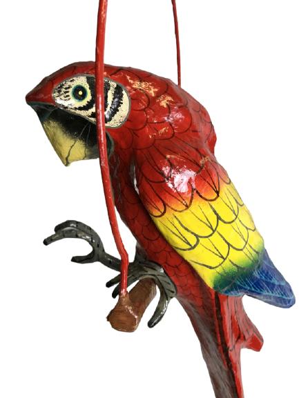 70: COLORFUL 1970'S SIGNED SERGIO BUSTAMANTE MEXICO PAPER MACHE BIG PARROT MCCAW HANGING BIRD ON PERCH MID CENTURY HOME DECOR -31" X 5"-16" HOOP PERCH-VERY GOOD CONDITION, SOME WEAR TO TAIL CONSISTENT WIT
