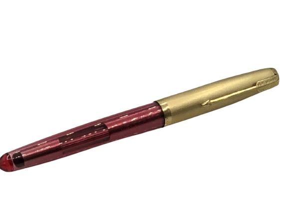 VTG PARKER "51" CLEAR RED LUCITE FOUNTAIN PEN: VTG PARKER "51" 14 KT GOLD TOP FOUNTAIN PEN W CLEAR LUCITE RED BODY COLLECTIBLE PENS WRITING INSTRUMENTS WRITERS JOURNALIST ARCHITECT MANCAVE HOME OFFICE DECOR-VERY GOOD VINTAGE CONDITION-DP11321