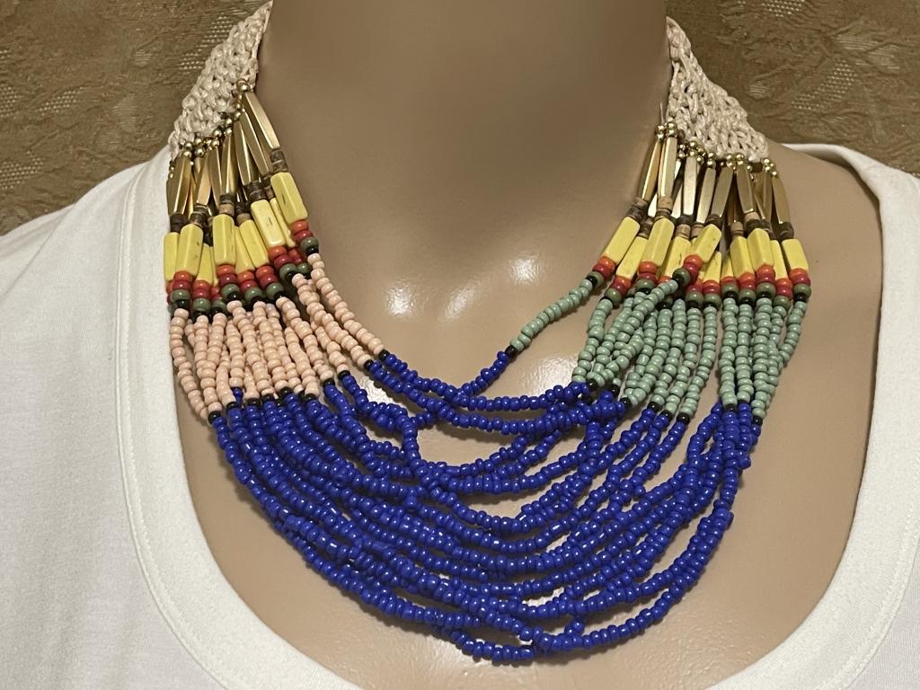 VINTAGE MACRAME BEADED CHOKER: VINTAGE MACRAME BEADED CHOKER -PRETTY PASTAL COLORES-17"L