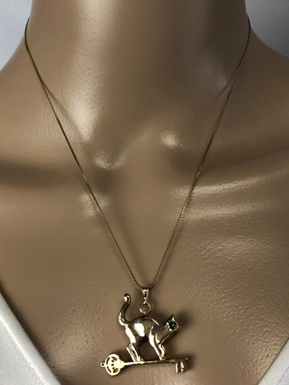 VTG 14K YELLOW GOLD & EMERALD CAT NECKLACE 10" (1 of 11)